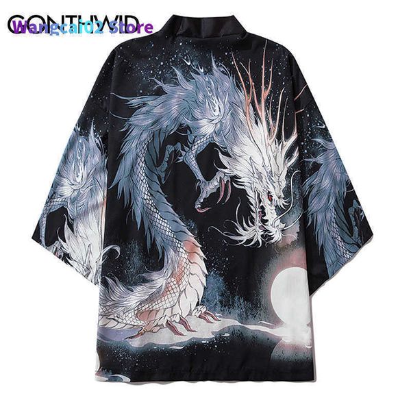 Vestes pour hommes GONTHWID Chinois Dragon Imprimer Japonais Kimono Cardigan Chemises Vestes Streetwear Hommes Harajuku Hip Hop Casual Manteaux Tops Outwear 022023H