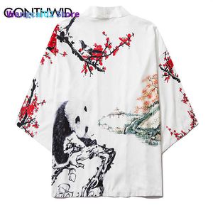 Herenjacks Gonthwid Panda Plum Blossom Print Mens Casual Kimono Japanse bloemen Gedrukt Kimono Cardigan Shirts Jackets Streetwear Coats 022023H