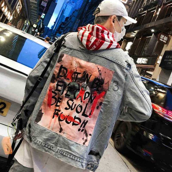 Chaquetas para hombres Graffiti Apliques Hip Hop Jeans Chaqueta Hombres 2021 Otoño Cuello vuelto Material de lavado Abrigo de mezclilla para hombres Chaquetas casuales x0913 x0913