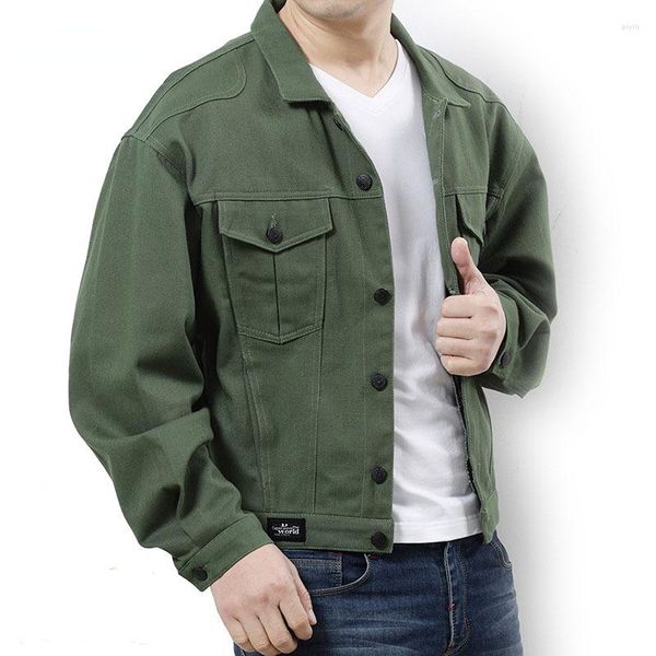 Chaquetas para hombres Chaqueta de mezclilla verde Hombres Abrigos de jean negro Algodón Cuello vuelto Lavado Suelto Casual Moda Primavera Ropa de manga larga