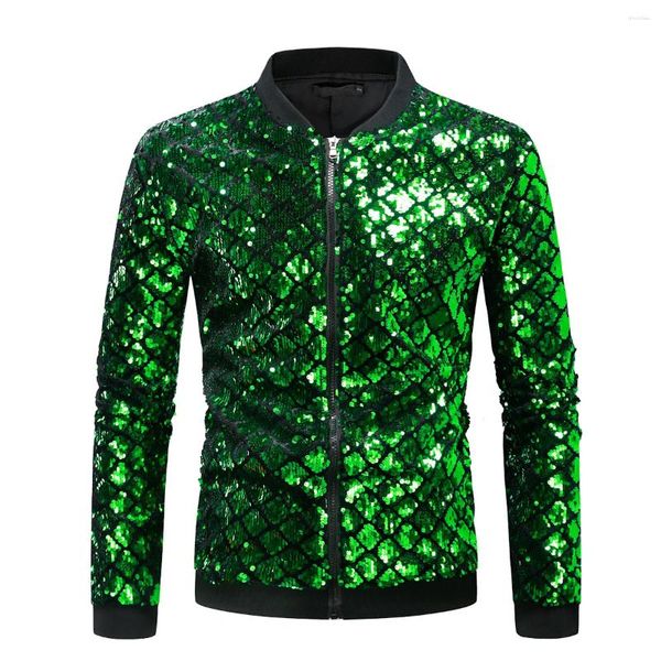 Vestes pour hommes vert brillant paillettes DJ Club veste hommes printemps automne Streetwear hommes paillettes et manteaux Baseball Bomber mâle