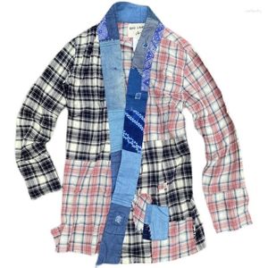 Chaquetas de hombre Greg Patchwork Versatile Splice Plaid Cardigan Shirt Jacket Chaqueta de longitud media Casual Chal Taoist Robe Windbreaker Coat Hombres