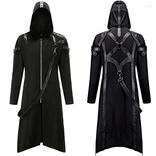 Vestes pour hommes Halloween Cosplay veste brodée en cuir épaule Costume Punk mi-vie victorien Vintage chevalier manteau de smoking à capuche