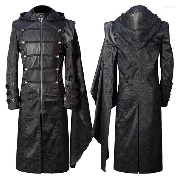 Vestes pour hommes Halloween Steam Rétro Manteau Col Montant Noir À Capuche Punk Gothique Cape HalloweenCosplay Performance Sur Scène