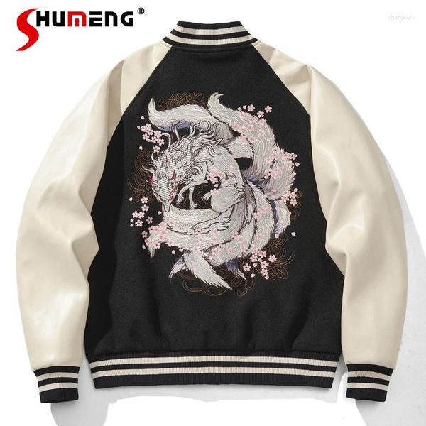 Chaquetas para hombres Industria pesada Chaqueta de uniforme de béisbol bordada Personalidad suelta Contraste Color Otoño PU Manga de cuero Abrigos superiores