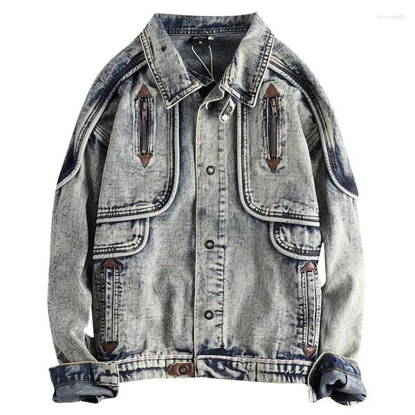 Vestes pour hommes Veste en denim de moto lavée lourde Veste en jean personnalisée en patchwork pour hommes