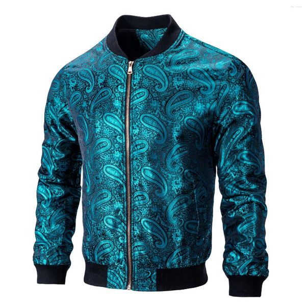 Chaquetas para hombres Hi-Tie Elegent Teal Blue Chaqueta para hombre Tejido Paisley Cremallera Abrigo Ligero Bomber Sport Streetwear Windbreaker Béisbol