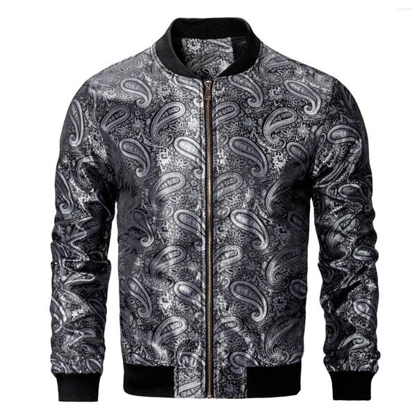 Chaquetas para hombres Hi-Tie Gris Plata Paisley Hombres Chaqueta Jacquard Ligero Bomber Casual Cortavientos Uniforme de béisbol Abrigo con cremallera al aire libre