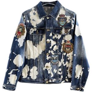 Vestes pour hommes Haut de gamme léger marque de mode de luxe automne et hiver nouvelle broderie couronne badge cravate teinture slim fit lavé denim veste pour hommes