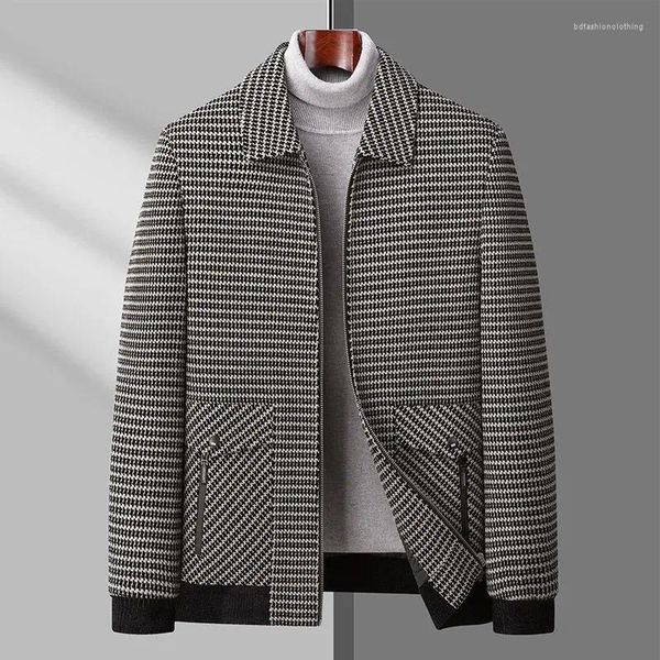 Chaquetas para hombres Chaqueta con cremallera de lana con solapa de algodón a cuadros de mil pájaros de alto grado Tendencia de otoño e invierno Simple Casual