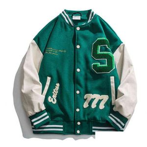 Vestes pour hommes High Street Baseball Jacket Men Pu Leather Splice Serviette Broderie Varsity Vintage Loose Causal Coat Couple Green Drop Dh3Kd