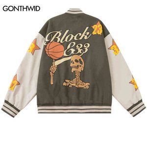 Herrenjacken Hip Hop Baseballjacken Lustiger Schädeldruck Varsity Bomber Windjacke Streetwear 2022 Herbst Vintage Freizeitjacke Grün T220914