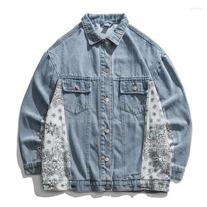 Vestes pour hommes Hip Hop fleur de cajou veste en jean hommes femmes bloc de couleur Patchwork jean 2023 automne rétro Harajuku coton Streetwear manteau