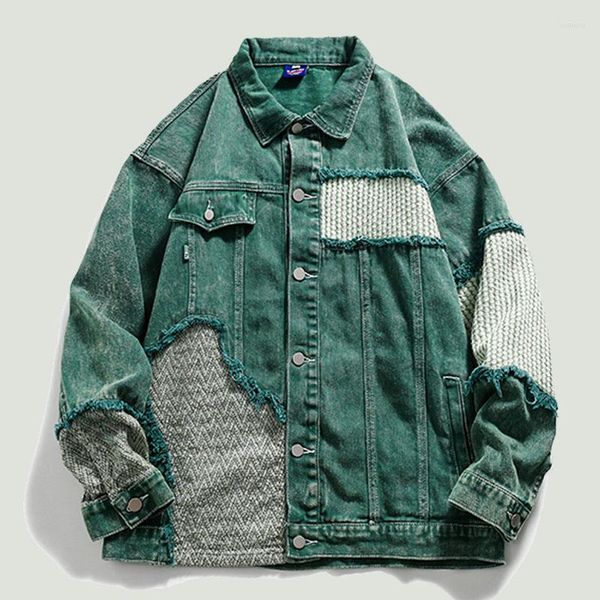 Vestes pour hommes Hip Hop Distressed Denim Jacket Men Vintage Harajuku Patchwork Cowboy Coats Streetwear Casual Loose Varsity Unisex Green