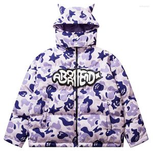 Herenjacks hiphop zware mannen winter parka camouflage duivel hoorn verwijderbaar los grappige ski 2023 harajuku dikke warme gewatteerde jassen