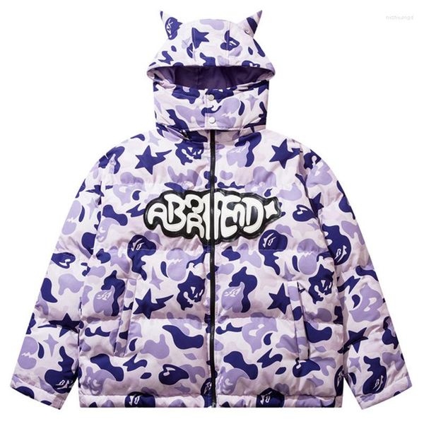 Chaquetas para hombres hip hop hombres pesados de invierno camuflaje de la bocina del diablo removible suelto del esquí gracioso 2023 harajuku espesas abrigos acolchados cálidos