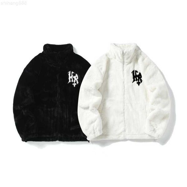 Chaquetas para hombres Hip Hop Letra Bordado Collar de soporte Conejo como abrigo de pelo Marca de moda para hombres Suelta Felpa Cálida Pareja Chaqueta de algodón