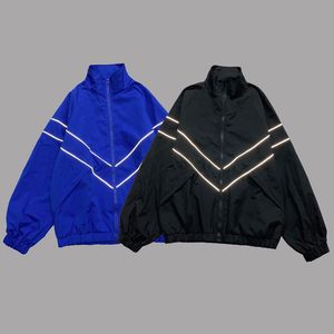 Men s Jackets Hip Hop Reflective Striped Mens Harajuku Patchwork Zipper Windbreaker Streetwear Casual Loose Varsity Coats Unisex Blue 230505