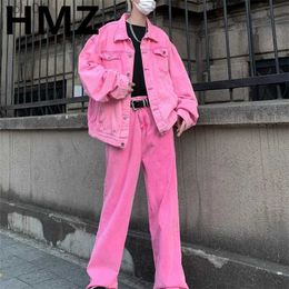 Herenjassen HMZ Trendy Y2K Roze Kleur Set Jeanspak Effen Kleur Revers Denim Jasje Wijde Pijpen Rechte Jeans Heren Casual Tops BroekL231115