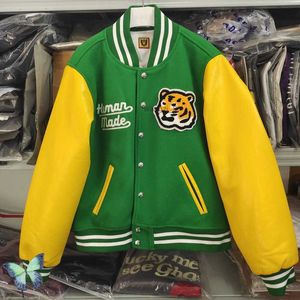 Vestes pour hommes Human Made Green Jacket Hommes Femmes Épais Tigre Broderie En Cuir Manches Baseball Uniforme V5OB