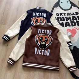 Men S Jackets Human Made Victor Couple Autumn Winter Dog American Vintage Leather Sleeve Baseball Jacket Jacket 230221