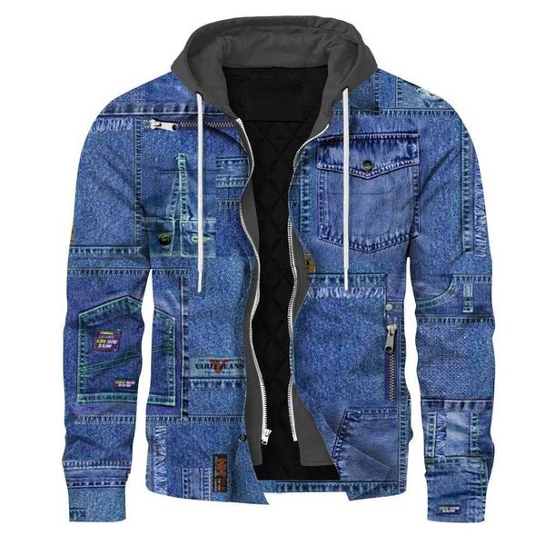 Vestes pour hommes HX Fashion Vestes pour hommes 3D imprimé faux denim poche épissage manteau hiver épaissir laminé coton chaud fermeture éclair sweats à capuche S-5XLzln231108