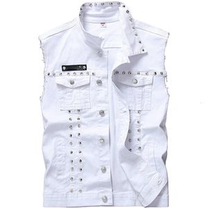 Herenjassen Idopy Wit denim vest voor heren, enkele rij knopen, klinknagel, feestpodium, slim fit, L-5XL, gilet met studs, katoenen jack voor mannen, grote maten 230703