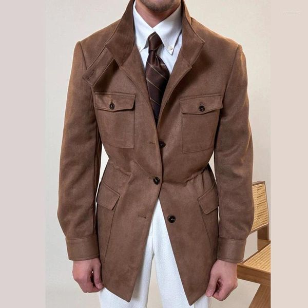 Vestes pour hommes col montant italien mi-long manteau de travail veste mince hommes plusieurs poches décontracté chasse d'affaires
