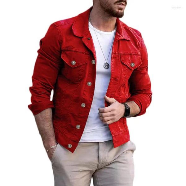Chaquetas para hombres Chaqueta 2023 Mens Denim Slim Fit Moda Casual Bolsillo Abrigo Hombres Guapo Primavera Otoño Clásico Rojo