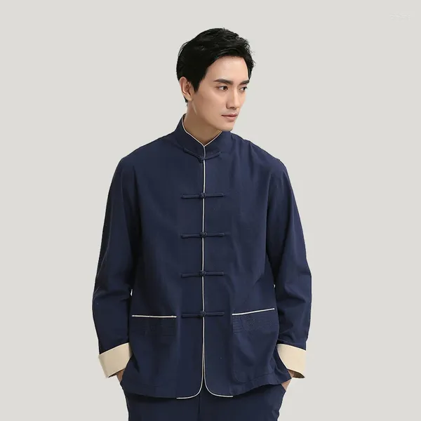 Vestes pour hommes veste solide style conventionnel chinois à manches longues col mandarin manteau en lin de coton Chaquetas Hombre