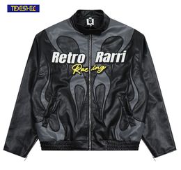 Herenjassen Jaket kulit PU pria mantel Hip Hop jaket motor kuliah ukuran besar bordir huruf api Retro Vintage longgar 230907
