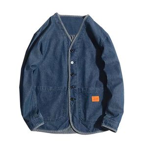 Mannen Jassen Japan Stijl Amekaji V-hals Single Breasted Mannen Denim Jas Lente Mens Vintage Jean Jassen 230311