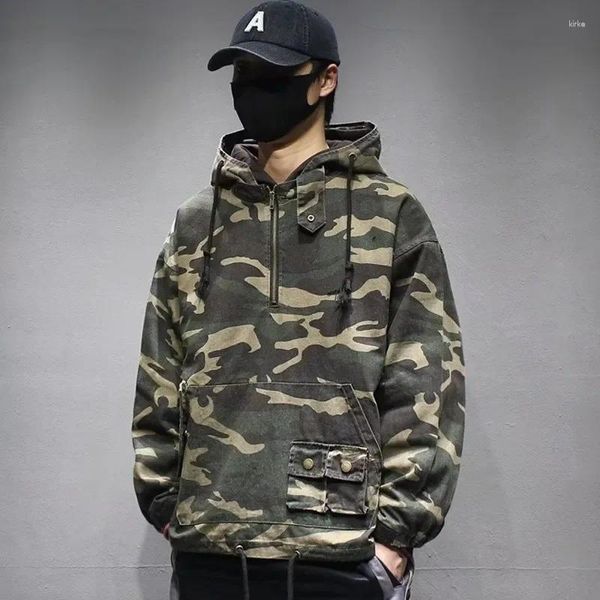 Chaquetas para hombres Chaqueta de camuflaje japonés Abrigos con capucha de carga Tendencia retro Sudaderas con capucha cortavientos sueltas Cremallera Jersey Ropa de enseñanza militar verde