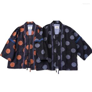 Chaquetas de hombre japonés retro algodón lino media manga color tejido lunares bata chaqueta suelta cardigan abrigo