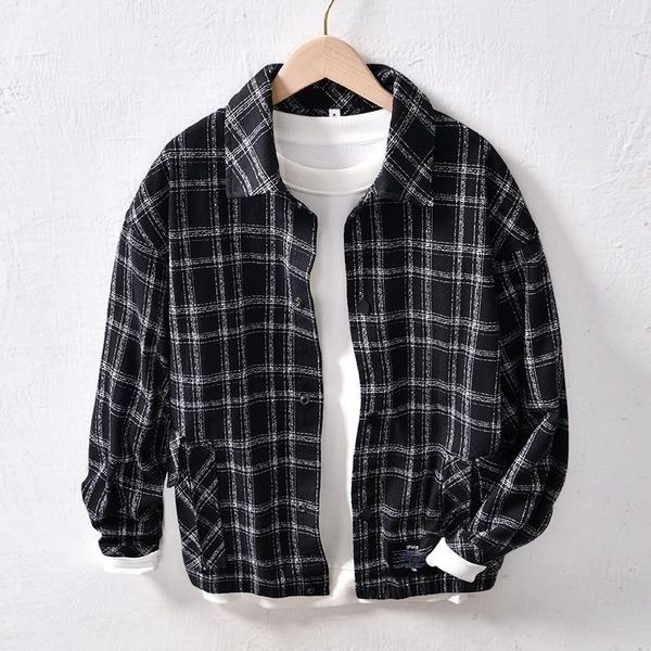 Vestes pour hommes Style japonais Plaid Fashion Manteau de printemps Chemise à manches longues en flanelle pour hommes Veste Hip Hop Noir et blanc classique