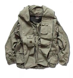 Chaquetas para hombres Kapital Hirata Hohiro Estilo japonés Lavado 5 puntos Militar Suelto Multi bolsillo Chaqueta con capucha para hombres y mujeres Ameikaji