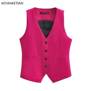 Vestes pour hommes Keyanketian col en V simple boutonnage rose rouge costume gilet femmes mince courte mode asymétrique mince manteau sans manches 230822