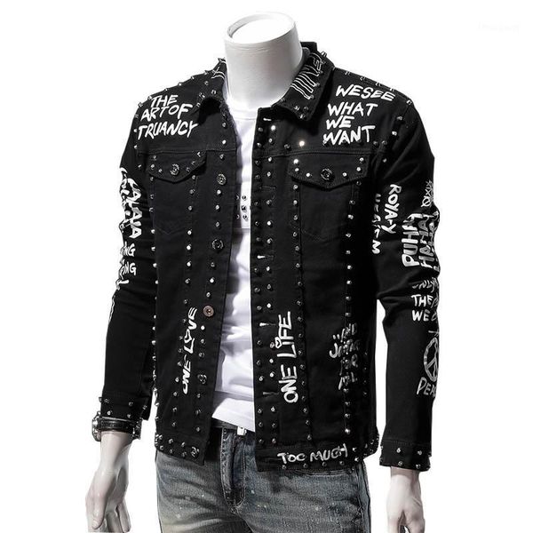 Chaquetas de hombre KIOVNO Hombres Hip Hop Remache Denim Pintado Estilo punk Outwear Abrigos para hombre Slim Top Ropa