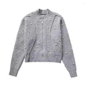 Vestes d'hommes tricot bombardier pour femmes recadrée tricoté cardigan femme fausse perles zip gris veste à manches longues court automne pull