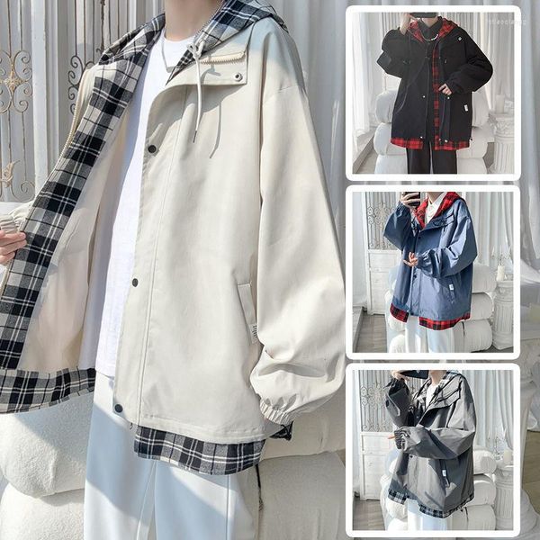 Vestes pour hommes coréen noir blanc plaid hommes veste à capuche 2023 harajuku homme manteaux surdimensionnés printemps mâle décontracté outwear vêtements