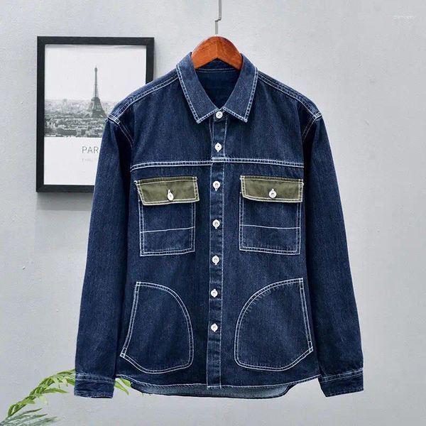 Chaquetas para hombres KPOP Estilo de moda Harajuku Slim Fit Camisa suelta Casual All Match Outerwear Patchwork Bolsillos Botón Cuello cuadrado Denim