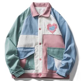 Vestes pour hommes Lacible Hip Hop Harajuku Streetwear Color Block Patchwork Heart Hommes Automne Coton Casual Poches Manteau 230223