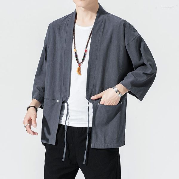 Chaquetas de hombre de talla grande de algodón y lino para hombre, cárdigan tipo Kimono japonés, trajes tradicionales, suelto, negro, para hombre, Haori Yukata