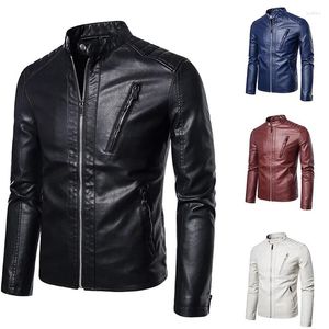 Vestes pour hommes en cuir veste décontractée tendance coupe ajustée col montant manteau printemps automne mode moto noir haut blanc M-5XL