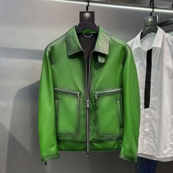 Vestes pour hommes veste en cuir classique luxe vert vêtements en peau de vache hommes col rabattu moto automne hiver manteau