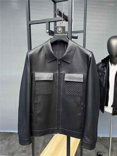 Chaquetas para hombre, chaqueta de cuero, ropa clásica de piel de oveja trenzada de lujo, abrigo de otoño e invierno para motocicleta con cuello vuelto para hombre