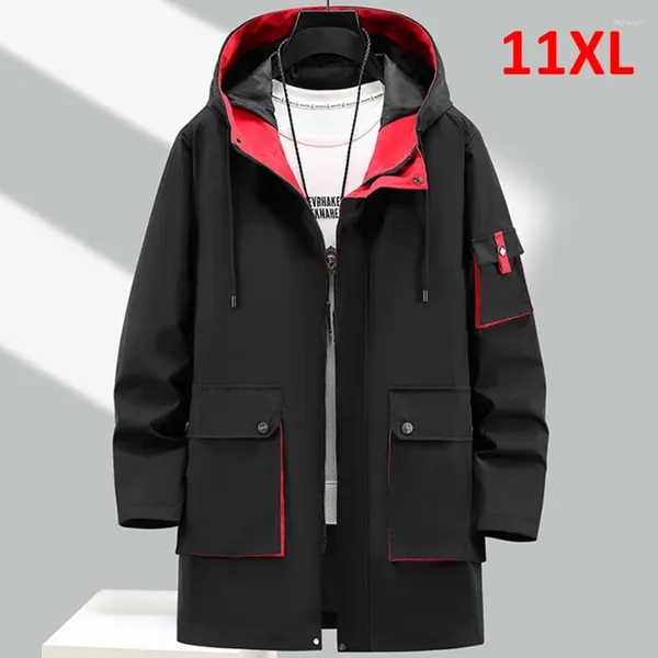 Vestes pour hommes longues veste de cargaison hommes plus taille 10xl 11xl windbreak printemps automned manteau à capuche mâle style noir