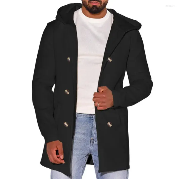 Vestes pour hommes à manches longues pardessus épais chaud double boutonnage à capuche avec poches mi-longueur coupe ample veste cardigan pour l'automne