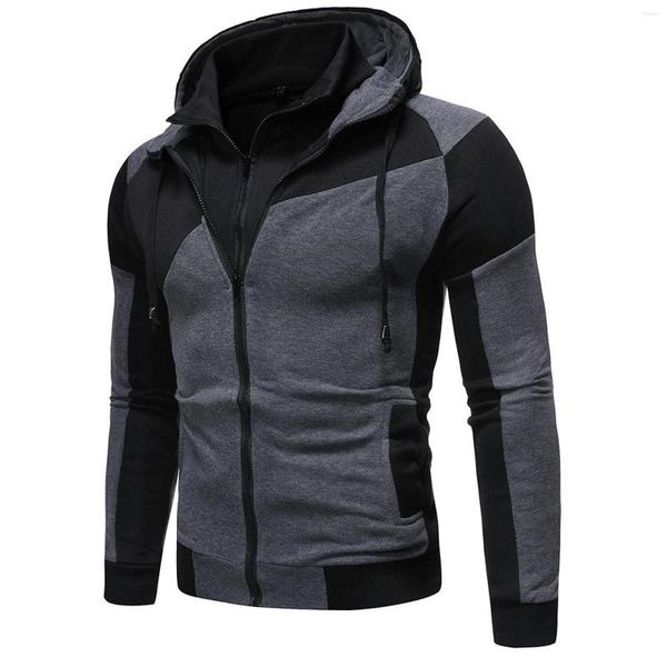 Vestes pour hommes à manches longues bloc de couleur Double couche fermeture éclair trois tons coupe-vent à capuche veste chaude pour hommes manteau gonflé