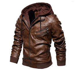 Vestes pour hommes Veste en cuir à manches longues Pu Peluche Chaud Coupe-vent Capuche Métal Fermeture à glissière Décoration